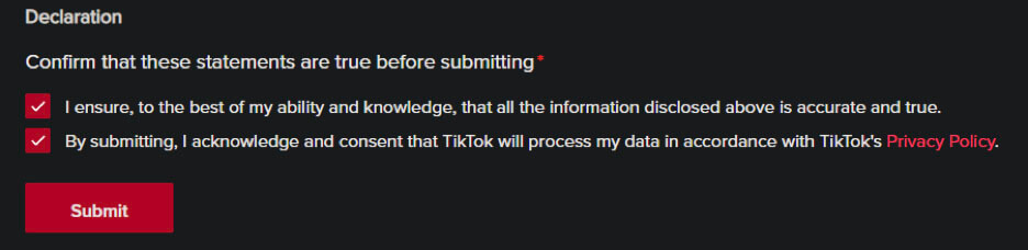 Declaration someone can complete after contacting TikTok