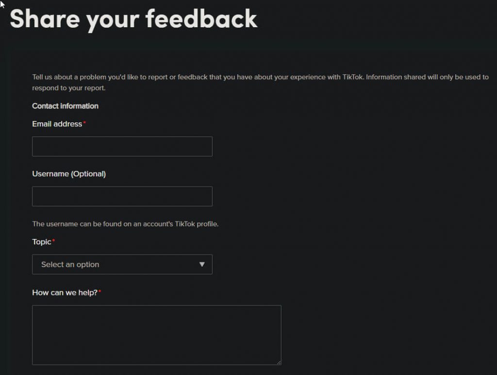 Image showing a form you can submit in order to send feedback to TikTok