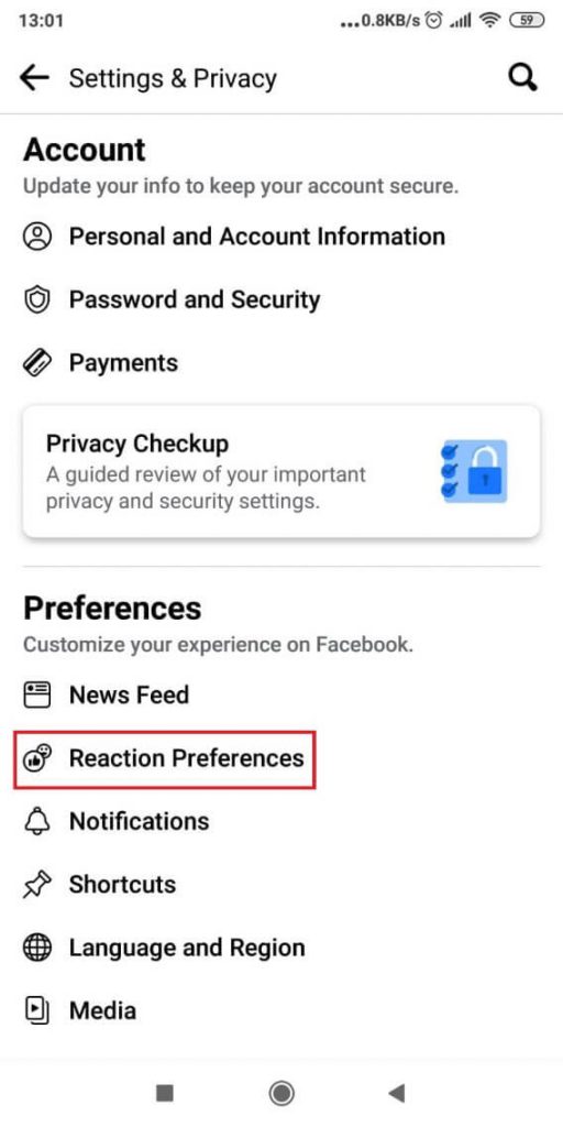 Image showing how to change Reaction Preferences on Facebook