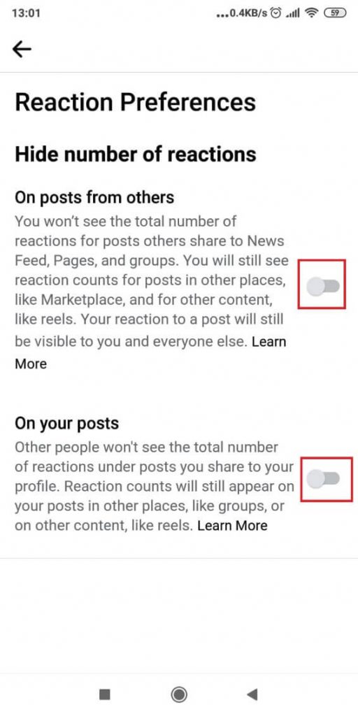 Facebook reaction preferences and options - Image showing how to change them