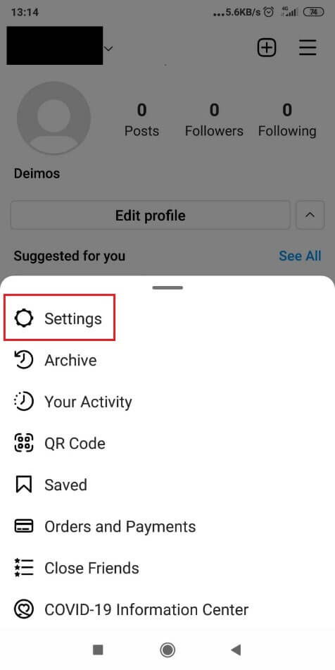 Image showing how to access the Settings page on Instagram