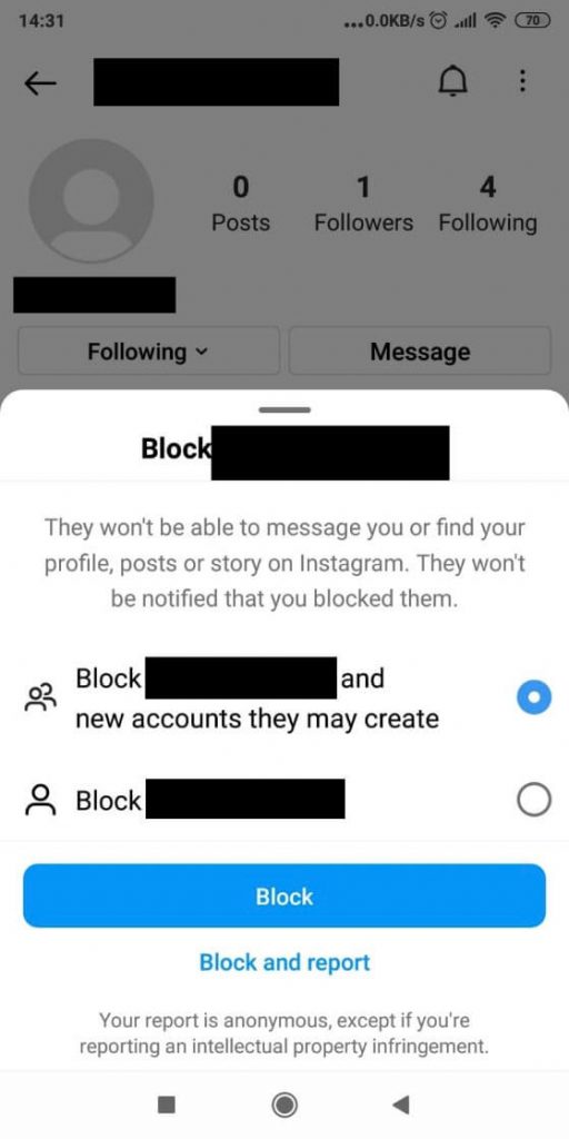 Blocking someone on Instagram