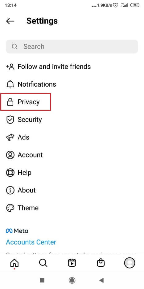 Privacy menu on Instagram