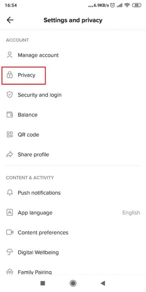 TikTok Privacy menu