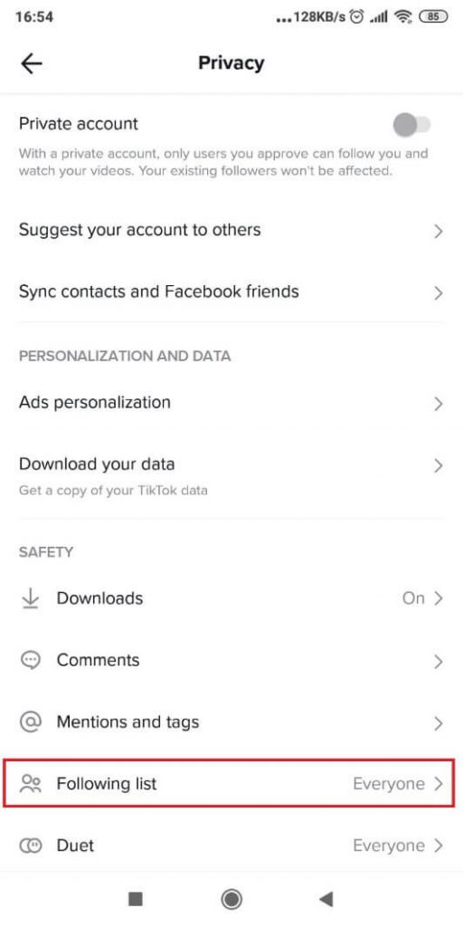 Screenshot of TikTok's privacy settings page