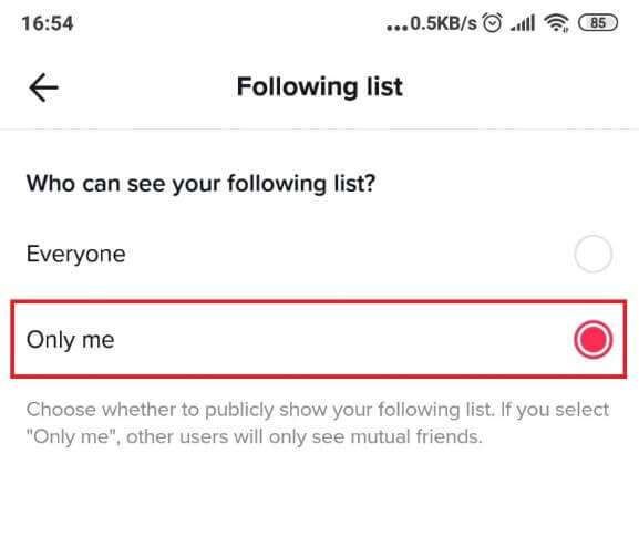 Screenshot showing a Following list settings page on TikTok