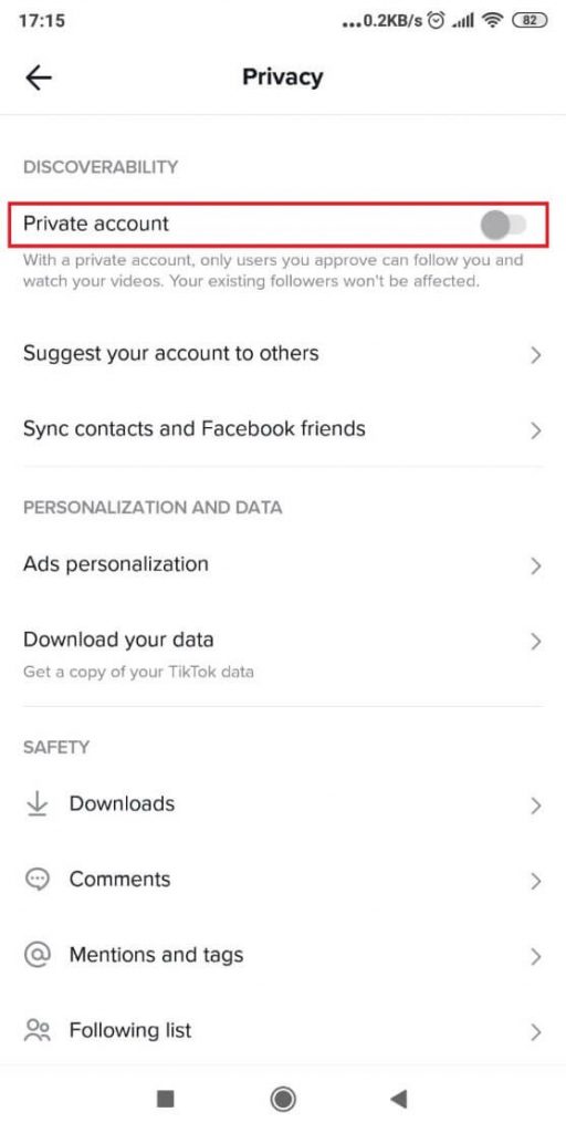 Private acocunt settings on TikTok
