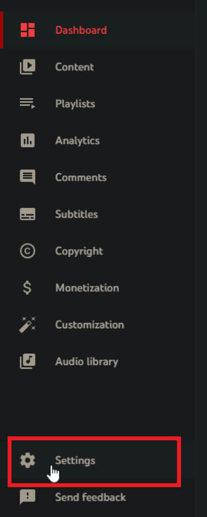 YouTube Studio menu showing the Settings menu item