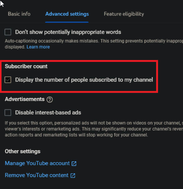 YouTube channel settings - subscriber count