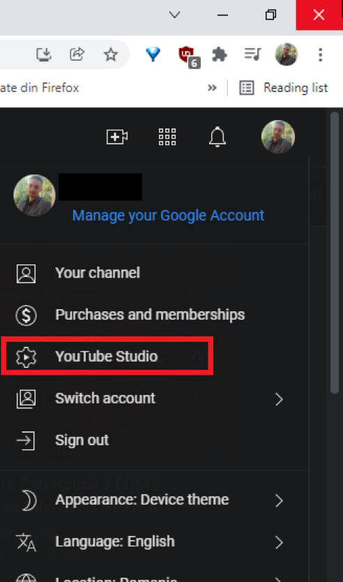 Image of a YouTube account home screen showing the YouTube Studio menu item