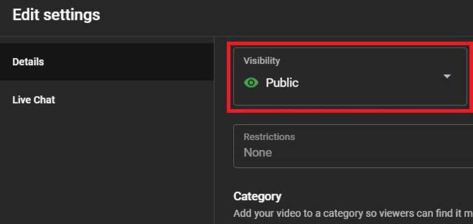 YouTube live stream settings - Public