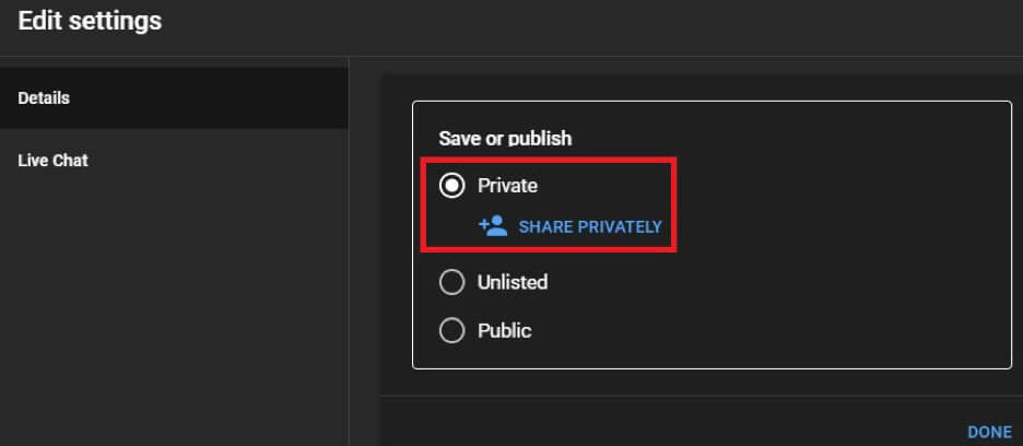 YouTube live stream settings - Private