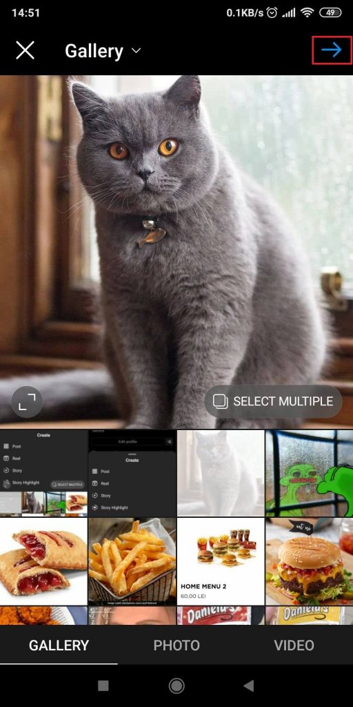 Select a photo or take a new one, and tap on the blue arrow