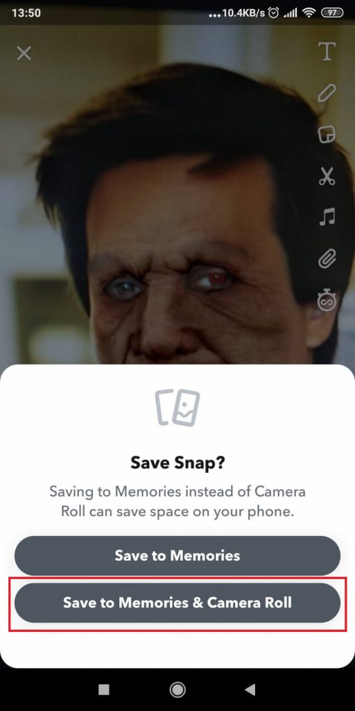 Select “Save to Memories & Camera Roll”