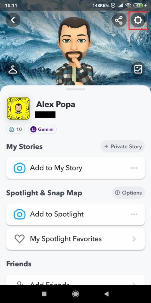 Snapchat - Tap on Settings (gear icon)