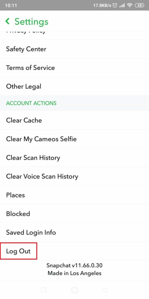 Snapchat account - Scroll down and tap on “Log Out”
