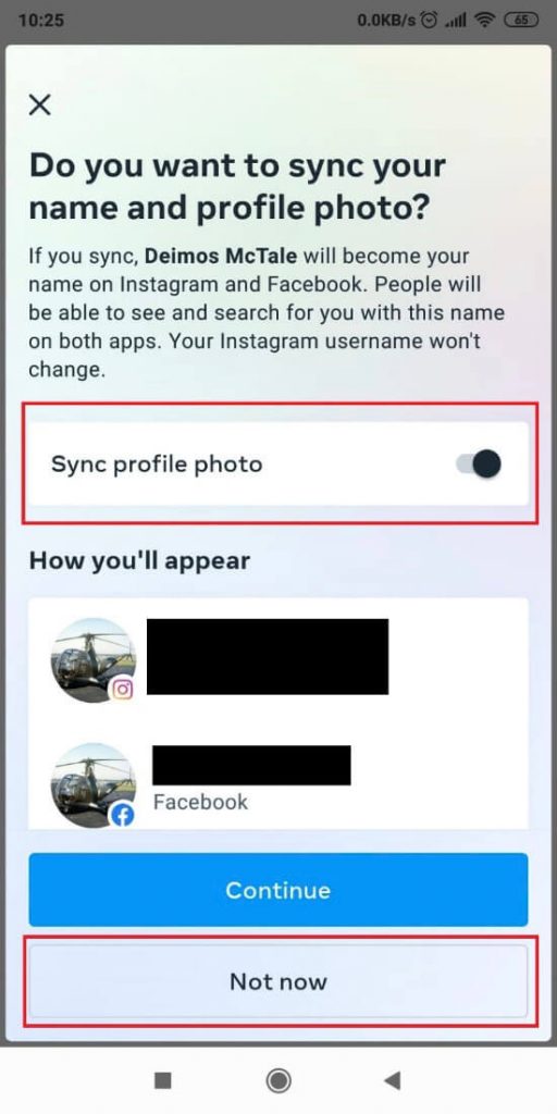 Syncing your name and profile photo on Instagram