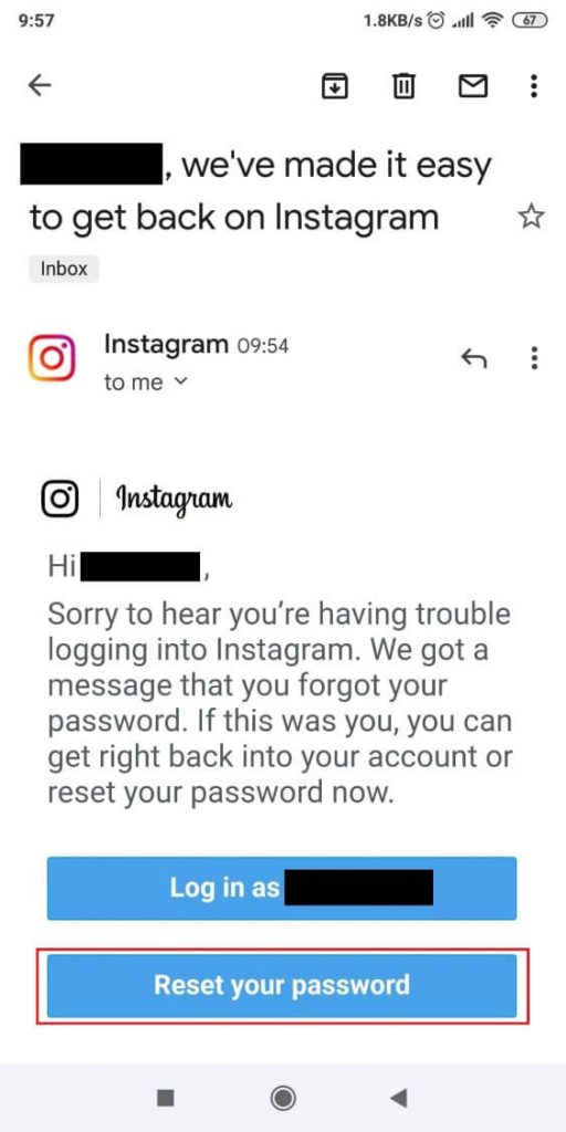 Screenshot detailing how to reset your Instagram password
