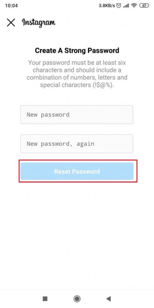 Instagram password reset