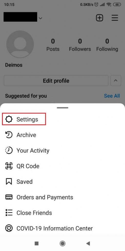 Image of an Instagram page showing the Settings menu