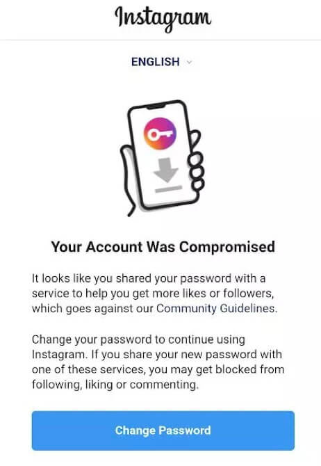 "Your Account Was Compromised" message someone receives from Instagram