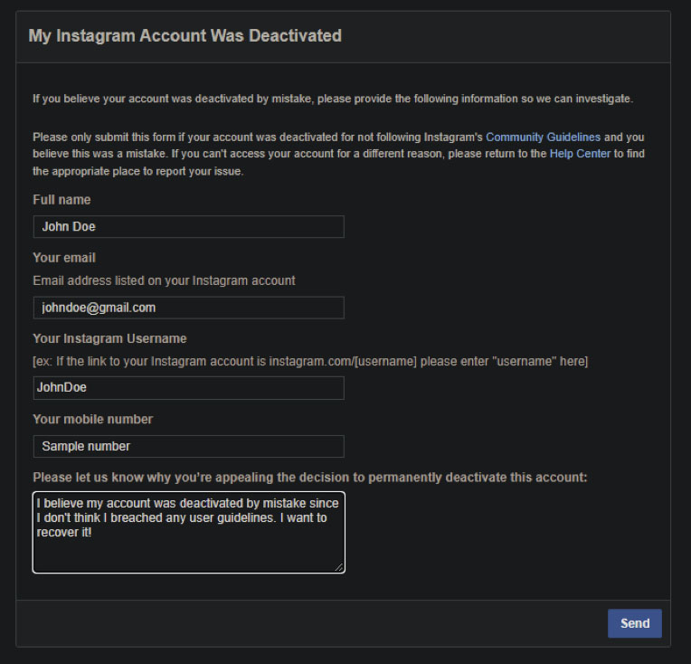 Request your Instagram account to be reinstated
