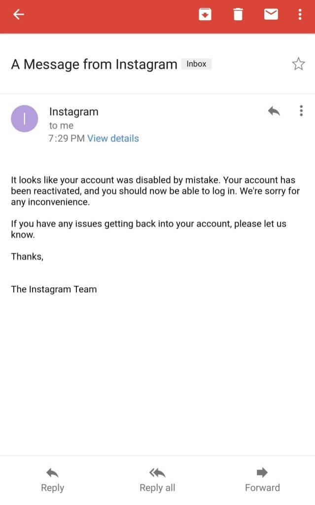 Instagram's reply to account deactivation appeal