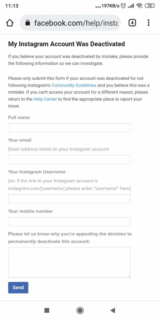 Instagram - My Instagram account has been deactivated” form
