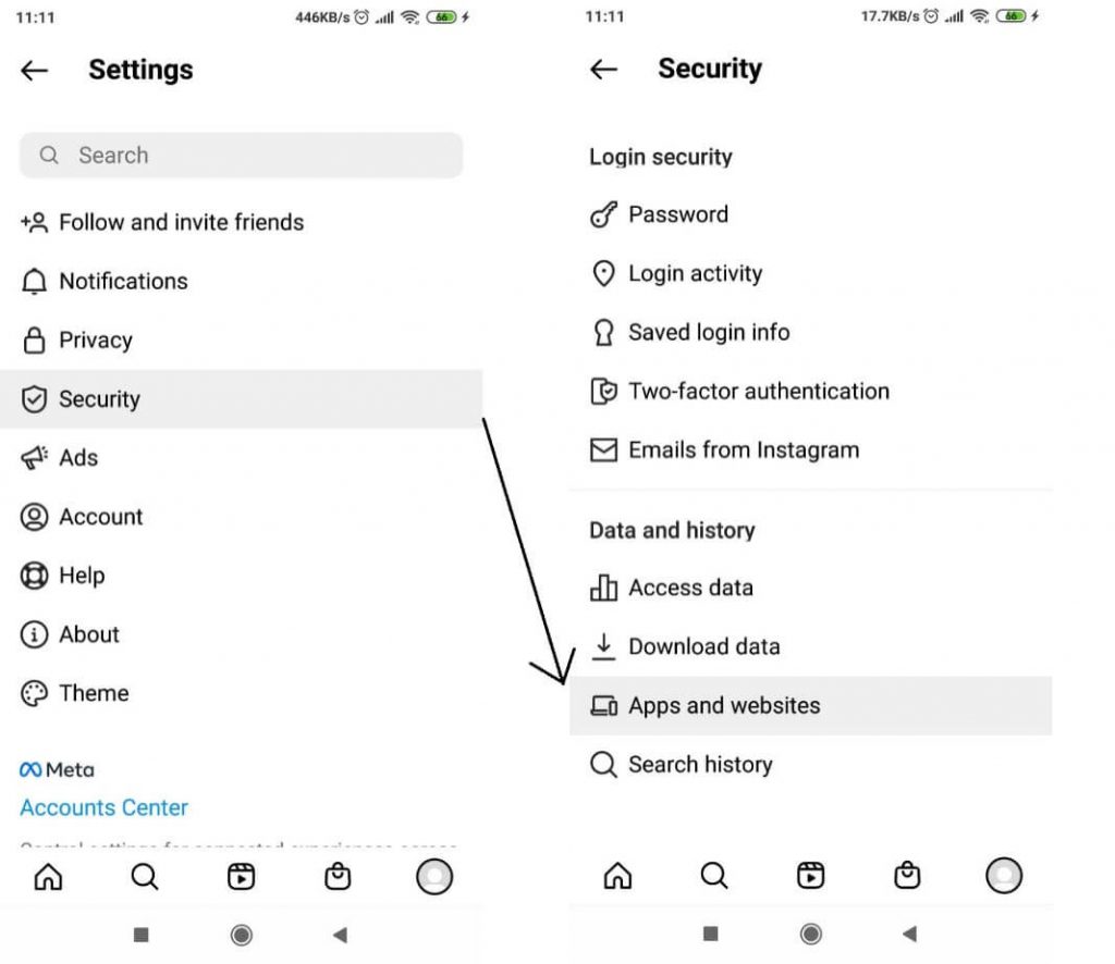 Instagram security settings page