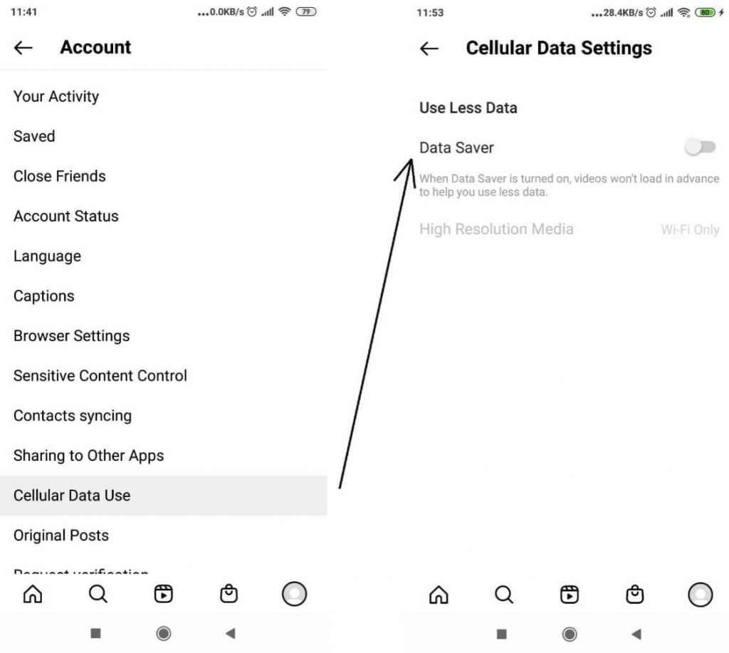 Phone Cellular Data Settings page
