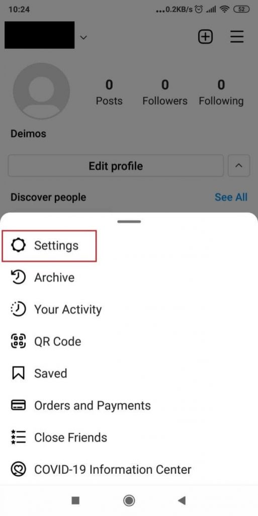 Screenshot of Instagram settings page