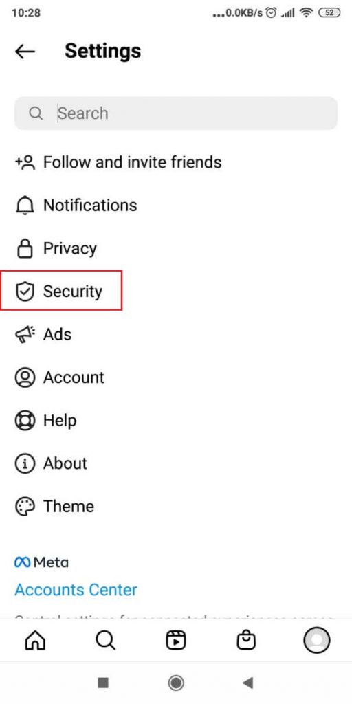 Instagram security settings page