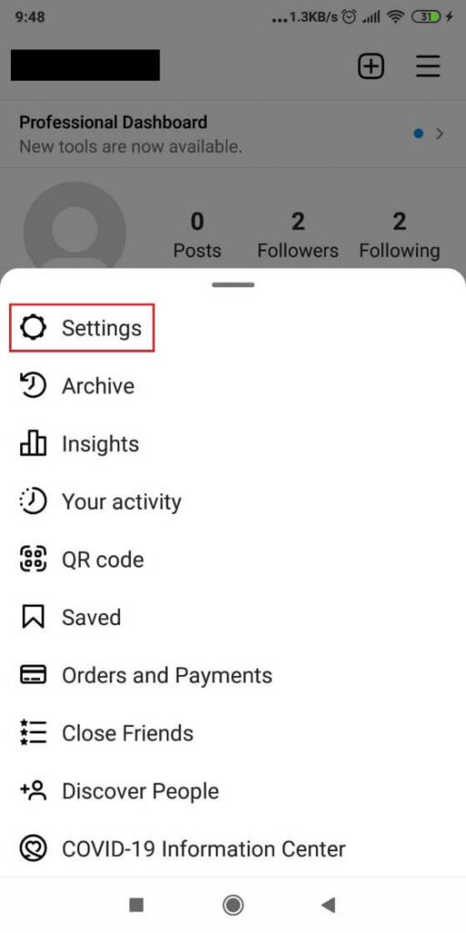 Image showing Instagram's Settings menu.