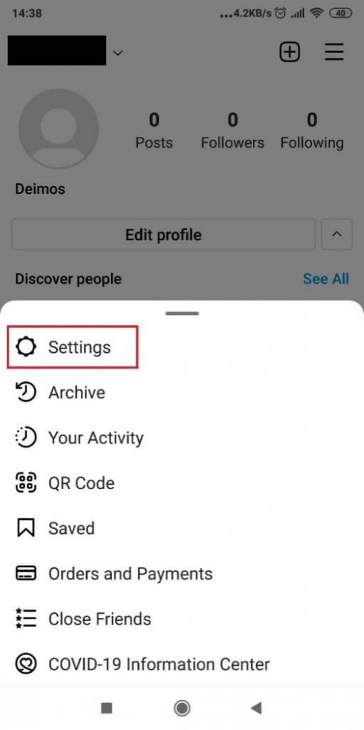 Screenshot of Instagram Settings menu