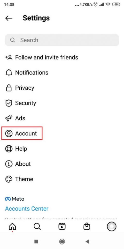 Instagram Settings - Account Menu page