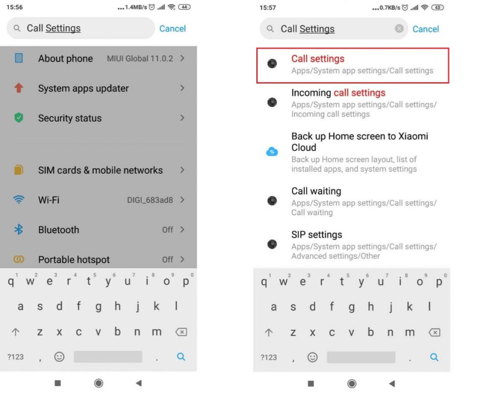 Android phone - call settings page overview