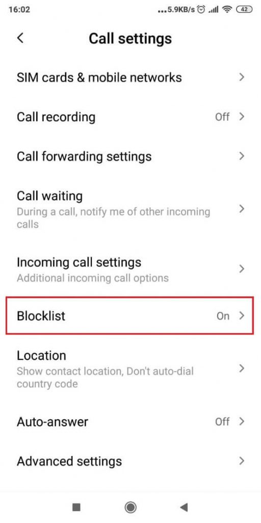 Android phone - Call settings - Blocklist