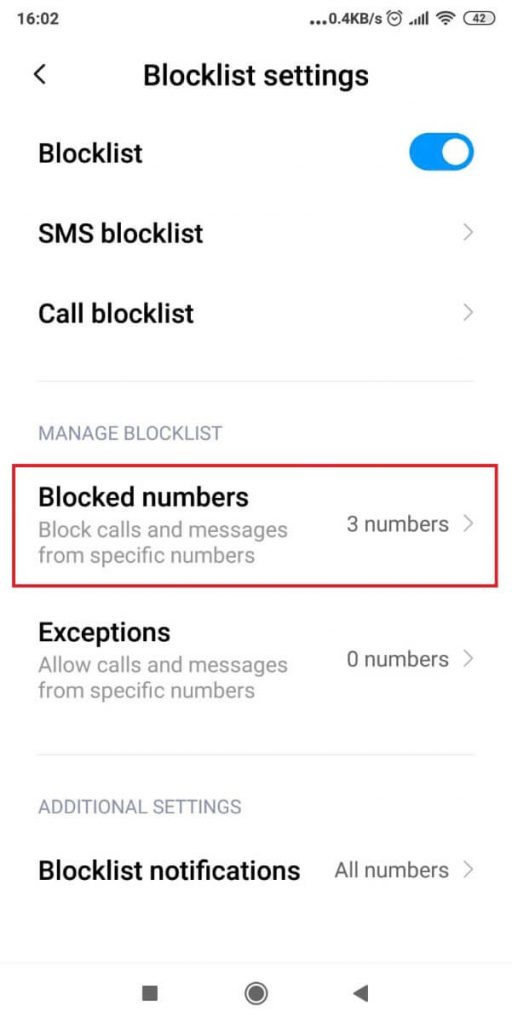 Android phone - Blocked numbers list