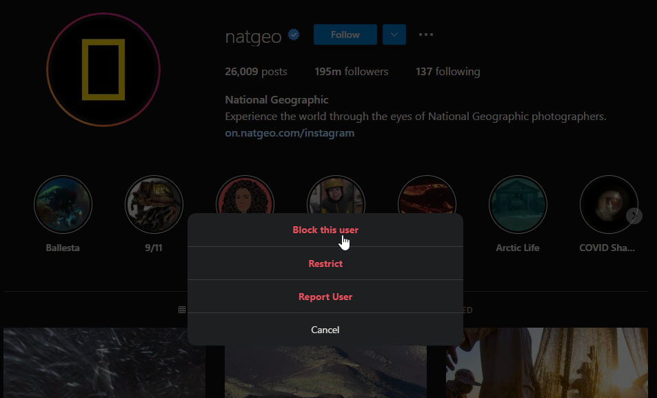 Image showing how to block a user on Instagram