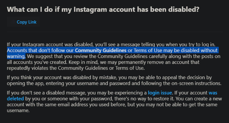 Instagram account disabled message someone received when their account gets banned