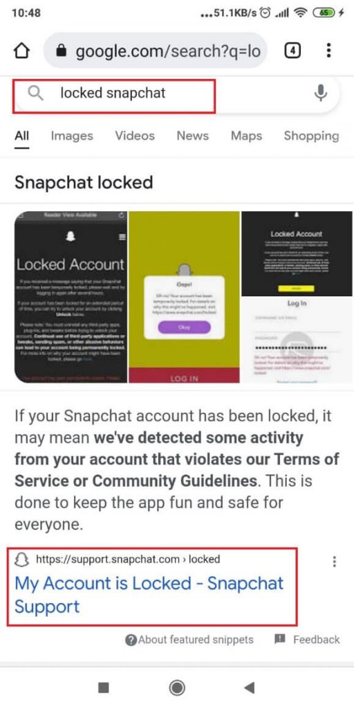 A Google search results page showing results for the search "Snapchat - My account is locked"