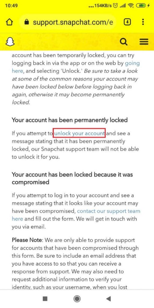Image of a Snapchat support page explaining why an account can be locked