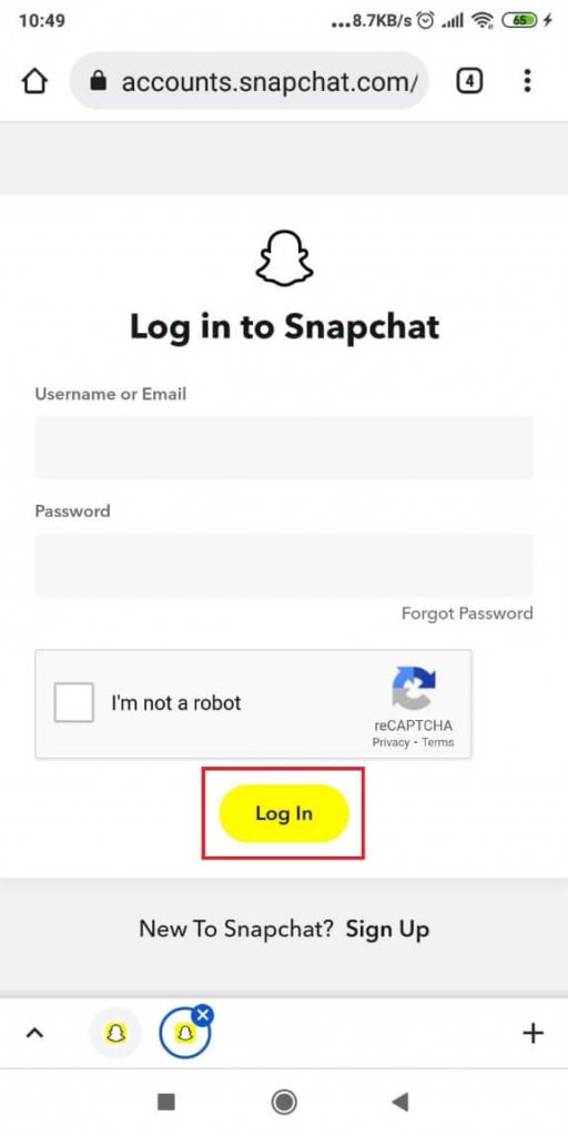 Image of a Snapchat login page