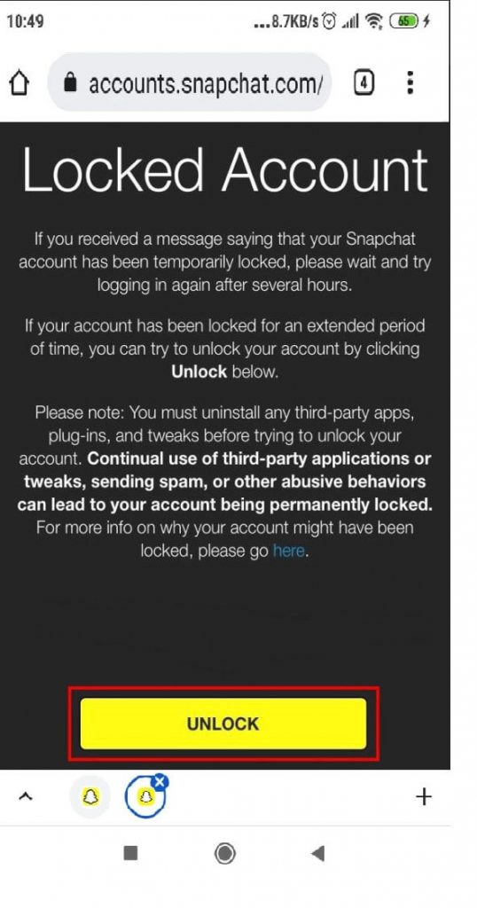 Image of a message Snapchat shows after a user who has been locked out receives when trying to log in.