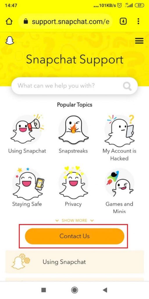 Snapchat support page