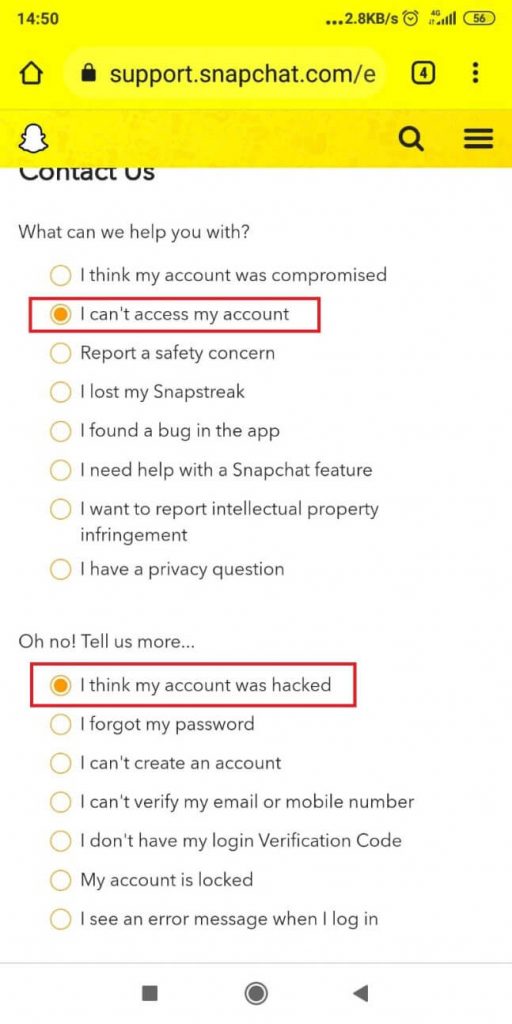 Image of Snapchat's support page showing options to select when reporting an issue