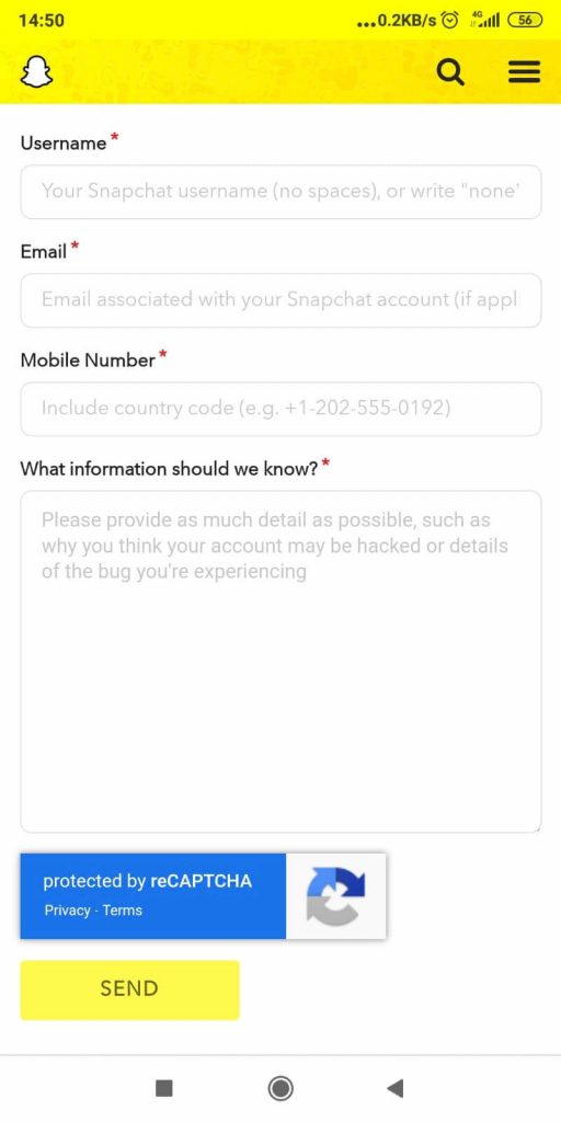 Submitting a support ticket to Snapchat