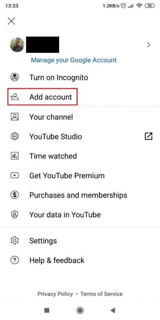 Add account to YouTube