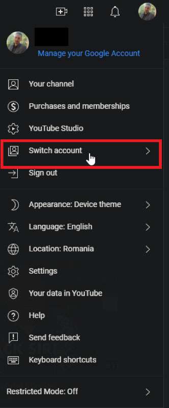 Image showing how one can switch between two YouTube accounts