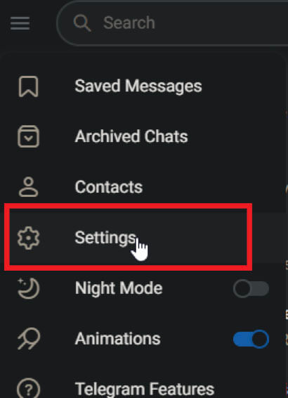 Settings menu on Telegram